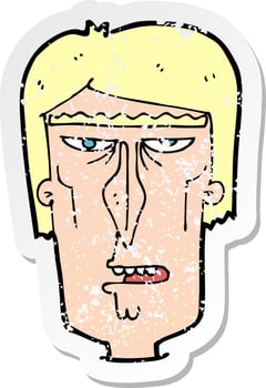 retro distressed sticker of a cartoon angry face vector