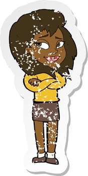 retro distressed sticker of a cartoon woman with crossed arms vector