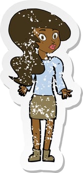 retro distressed sticker of a cartoon woman shrugging shoulders vector