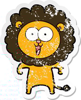 distressed sticker of a happy cartoon lion vector