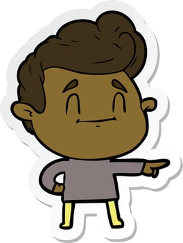 sticker of a happy cartoon man pointing vector