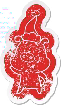 happy cartoon distressed sticker of a pig wearing santa hat vector