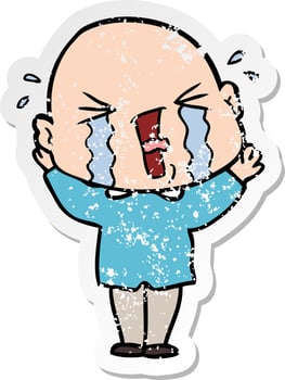 distressed sticker of a cartoon crying bald man vector