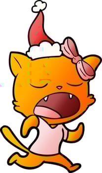 gradient cartoon of a yawning cat wearing santa hat vector