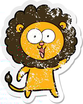 distressed sticker of a happy cartoon lion vector