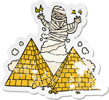 distressed sticker of a cartoon mummy and pyramids vector