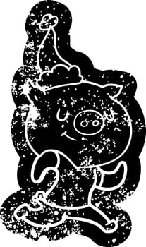happy cartoon distressed icon of a pig running wearing santa hat vector