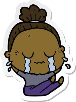 sticker of a cartoon crying old lady vector