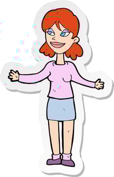 sticker of a cartoon happy woman shruggin shoulders vector