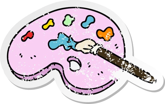 distressed sticker of a quirky hand drawn cartoon art pallette vector