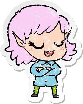 distressed sticker of a happy cartoon elf girl vector