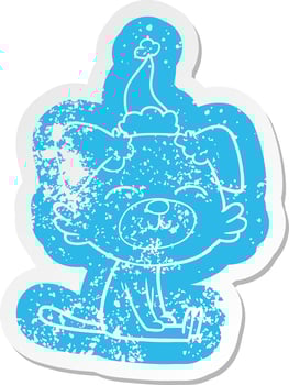 cartoon distressed sticker of a dog wearing santa hat vector