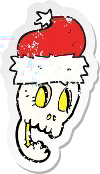 retro distressed sticker of a cartoon christmas hat on skull vector