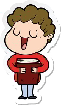 sticker of a laughing cartoon man with book vector