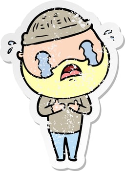 distressed sticker of a cartoon bearded man crying vector