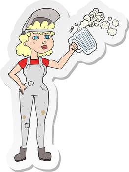 sticker of a cartoon hard working woman with beer vector