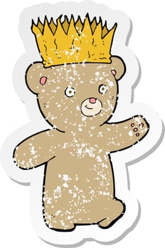 retro distressed sticker of a cartoon teddy bear wearing paper crown vector
