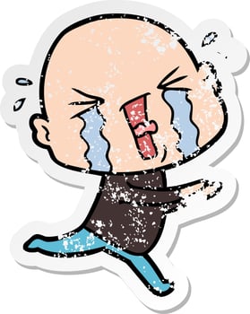 distressed sticker of a cartoon crying bald man vector
