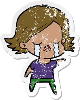 distressed sticker of a cartoon girl crying vector