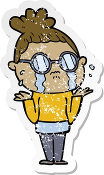 distressed sticker of a cartoon crying woman wearing spectacles vector