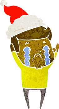 retro cartoon of a man crying wearing santa hat vector