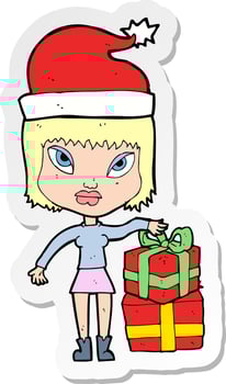 sticker of a cartoon woman with present vector