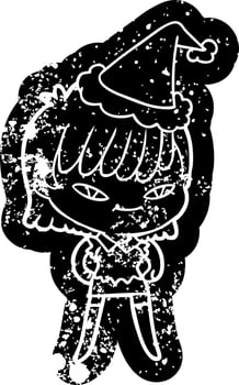 cartoon distressed icon of a woman wearing santa hat vector
