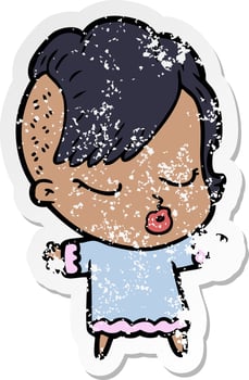 distressed sticker of a cartoon pretty hipster girl vector