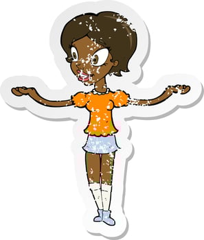 retro distressed sticker of a cartoon woman with arms spread wide vector