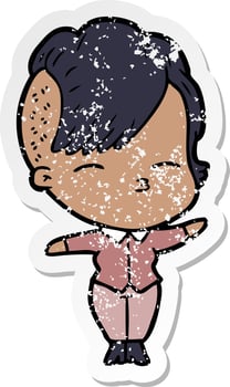 distressed sticker of a cartoon squinting girl vector