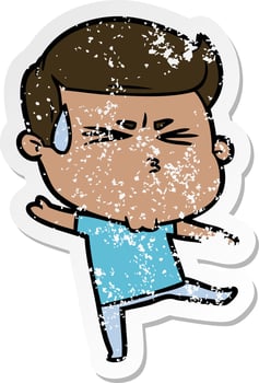 distressed sticker of a cartoon man sweating vector