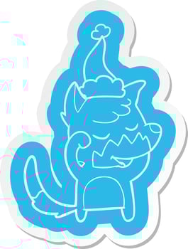 friendly cartoon  sticker of a fox waking up wearing santa hat vector