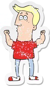 retro distressed sticker of a cartoon surprised man flexing biceps vector