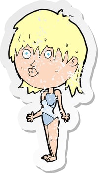 retro distressed sticker of a cartoon woman in swimsuit shrugging shoulders vector
