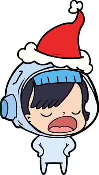 line drawing of a astronaut woman explaining wearing santa hat vector