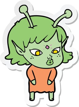 sticker of a pretty cartoon alien girl vector
