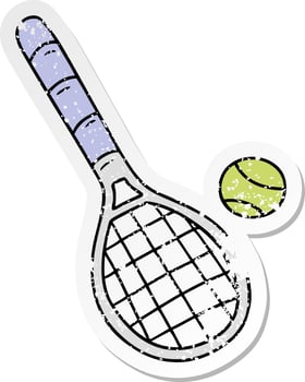 distressed sticker cartoon doodle tennis racket and ball vector
