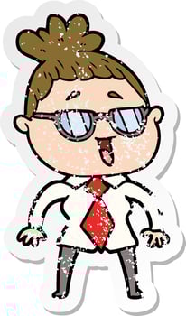distressed sticker of a cartoon happy woman wearing spectacles vector