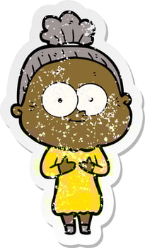 distressed sticker of a cartoon happy old woman vector