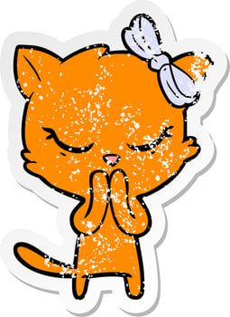 distressed sticker of a cute cartoon cat with bow vector