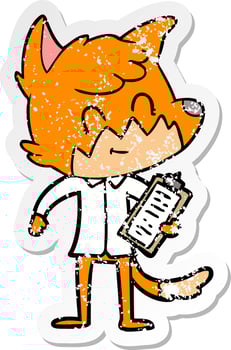 distressed sticker of a cartoon friendly fox manager vector