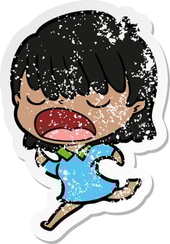 distressed sticker of a cartoon woman talking loudly vector