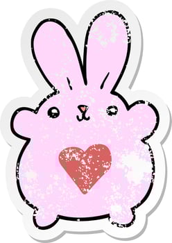 distressed sticker of a cute cartoon rabbit with love heart vector