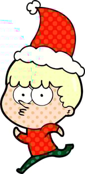comic book style illustration of a curious boy running wearing santa hat vector