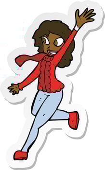 sticker of a cartoon woman waving dressed for winter vector