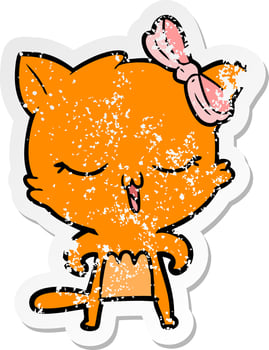 distressed sticker of a cartoon cat with bow on head vector