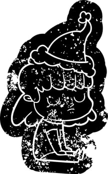 cartoon distressed icon of a indifferent woman wearing santa hat vector