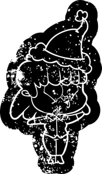 cartoon distressed icon of a whistling girl wearing santa hat vector