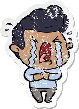 distressed sticker of a cartoon crying man vector