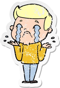 distressed sticker of a cartoon man crying vector